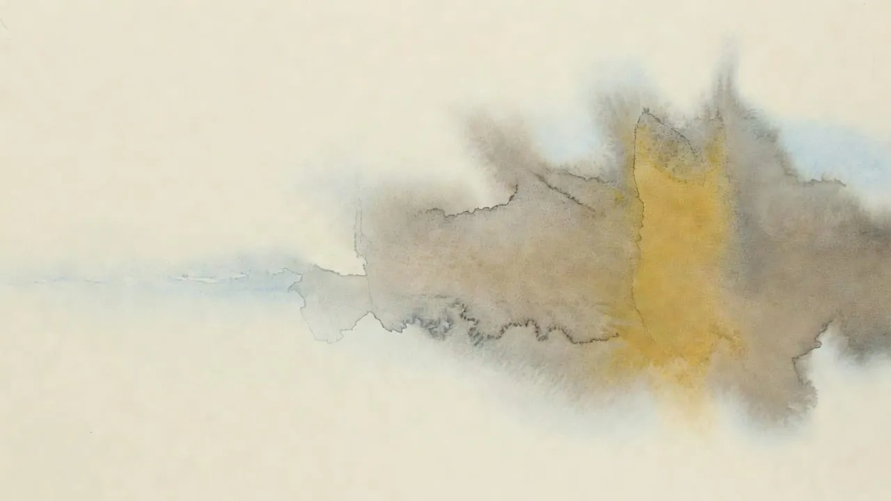 Soft watercolour wash in grey and gold on cream paper