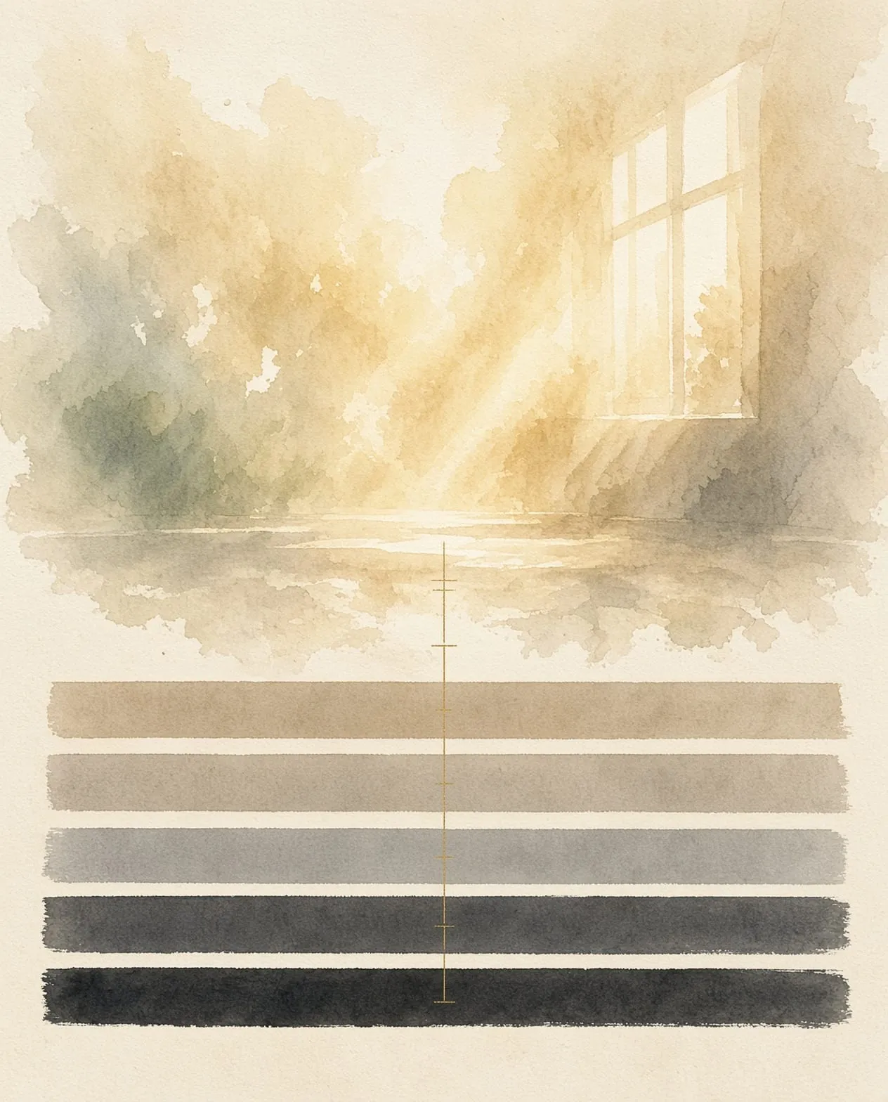 Abstract watercolour of golden light falling over pale horizontal bands