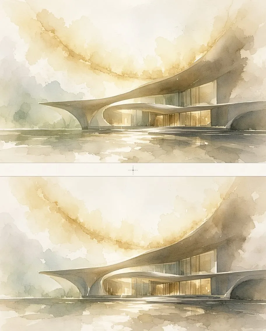 Watercolour of a curved modern pavilion over still water, washed in gold