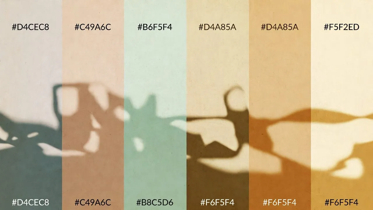 Colour swatches in grey, tan, sage and gold, labelled with hex codes