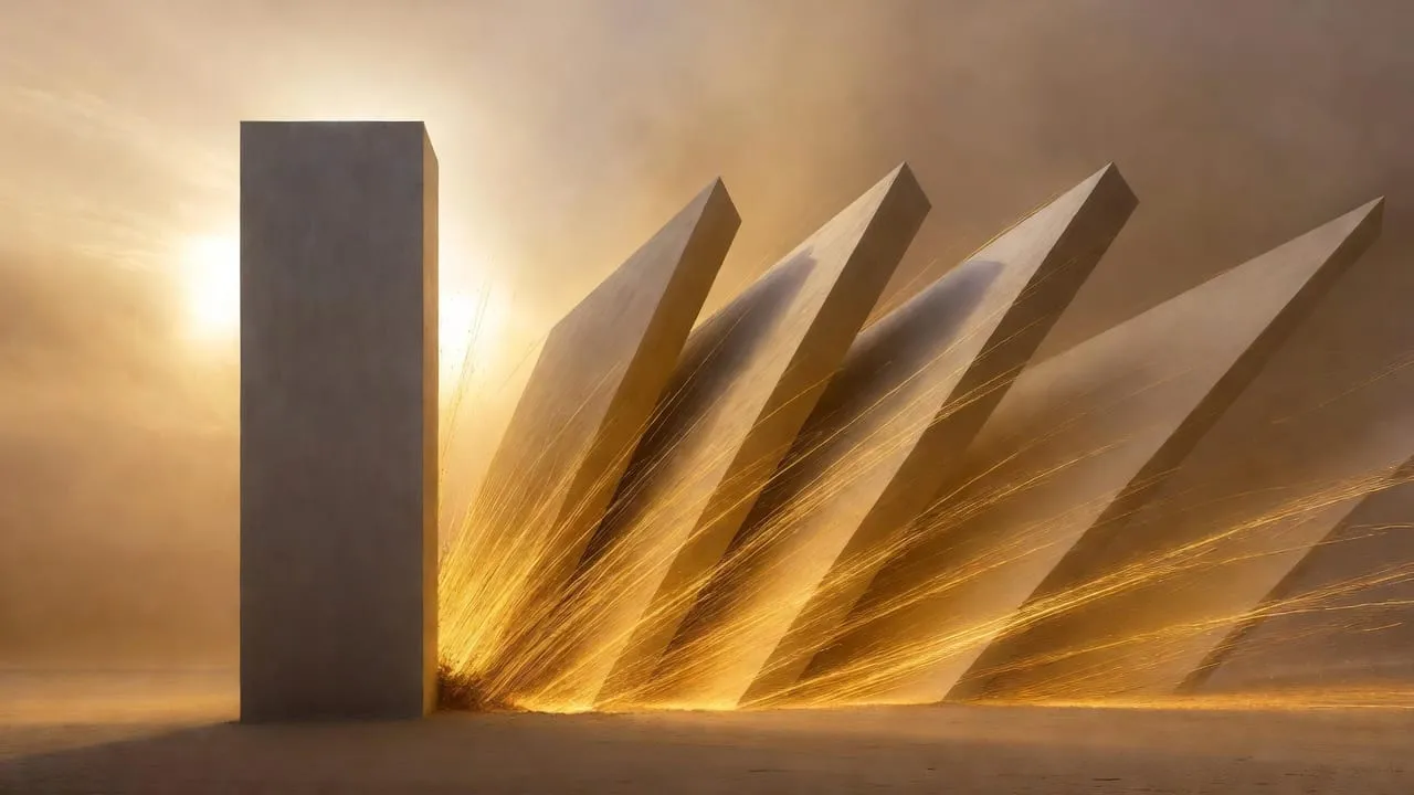 Watercolour of a dark monolith with golden blades fanning out in the light