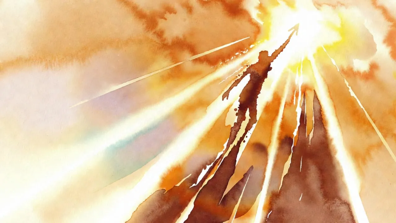Watercolour of a figure reaching into a burst of golden light