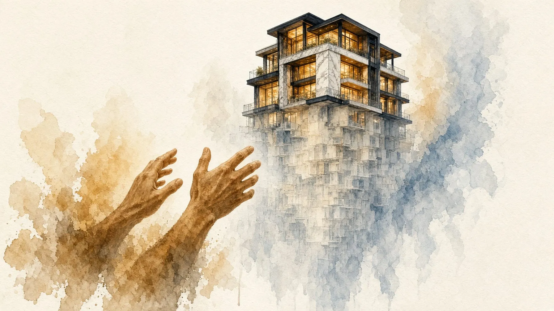 Watercolour of hands reaching toward a modern building that dissolves into paint