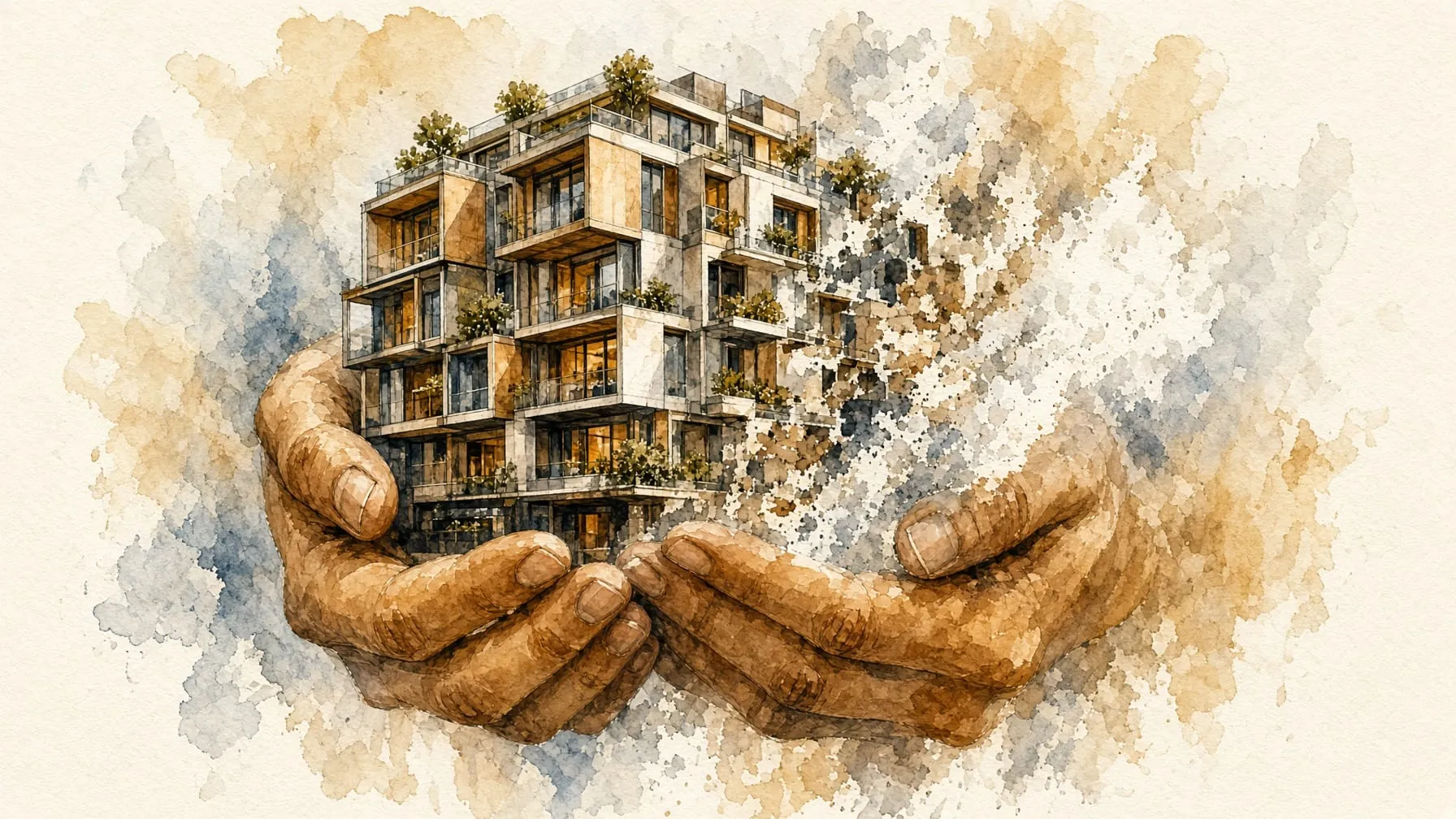 Watercolour of cupped hands holding a modern residential building