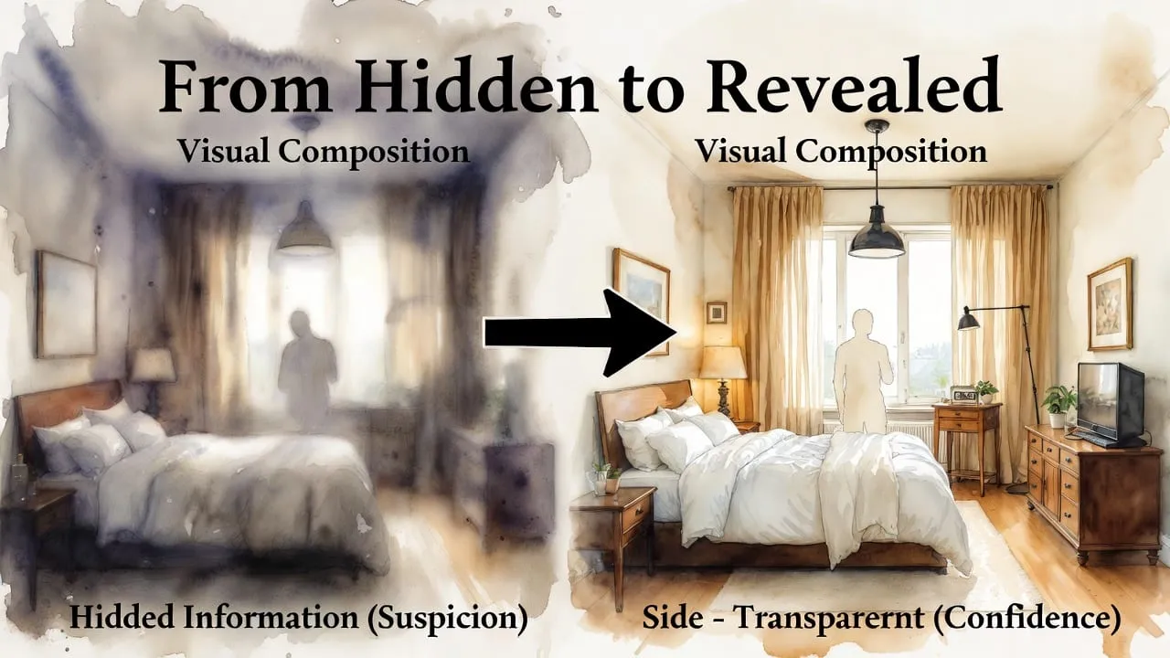 Before-and-after illustration of a dim bedroom made bright and open, titled “From Hidden to Revealed”