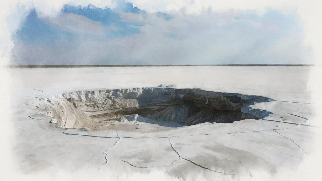 Watercolour of a crater opening in a white, frozen landscape