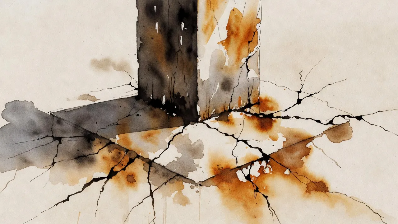Watercolour of a dark tower rising from cracked, rust-stained ground