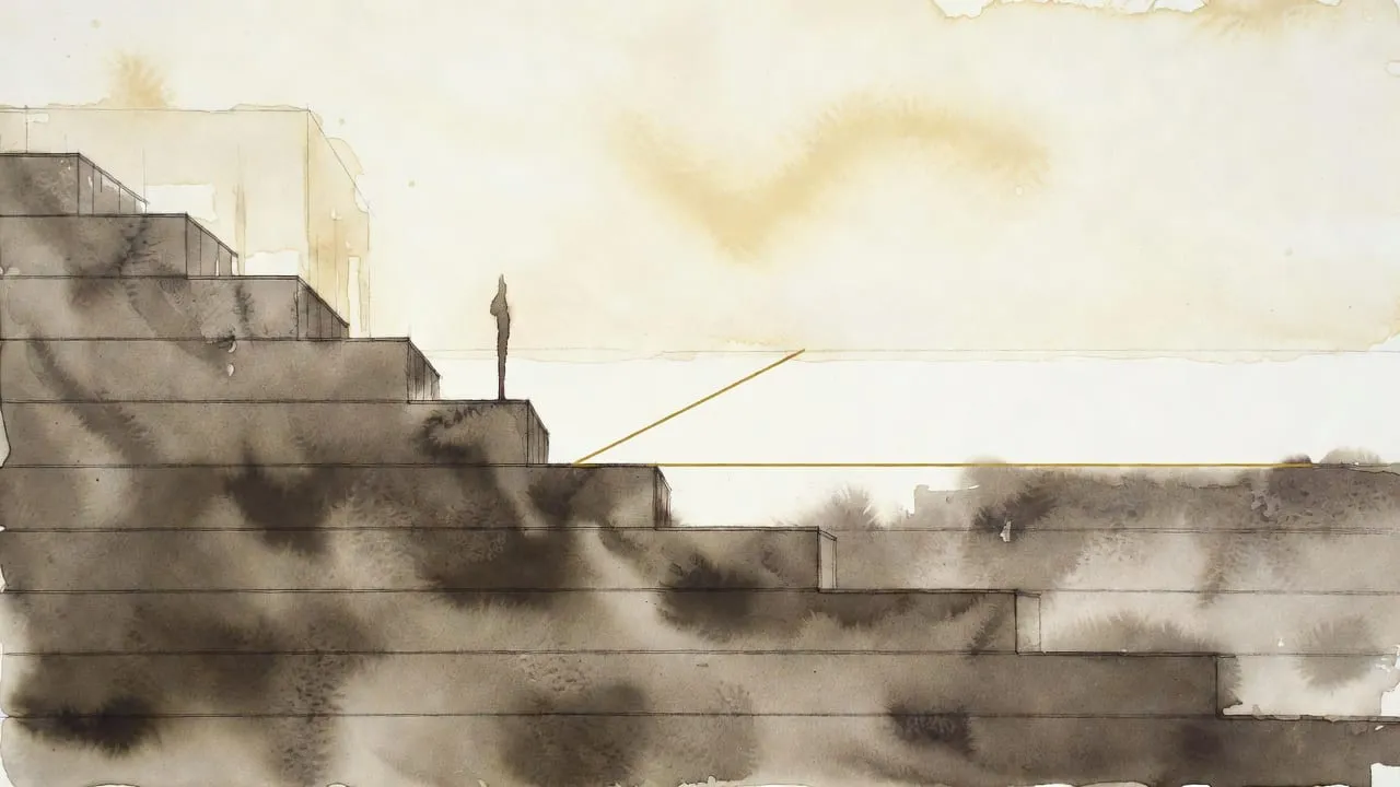 Watercolour of dark stepped terraces with a tiny figure standing at the top