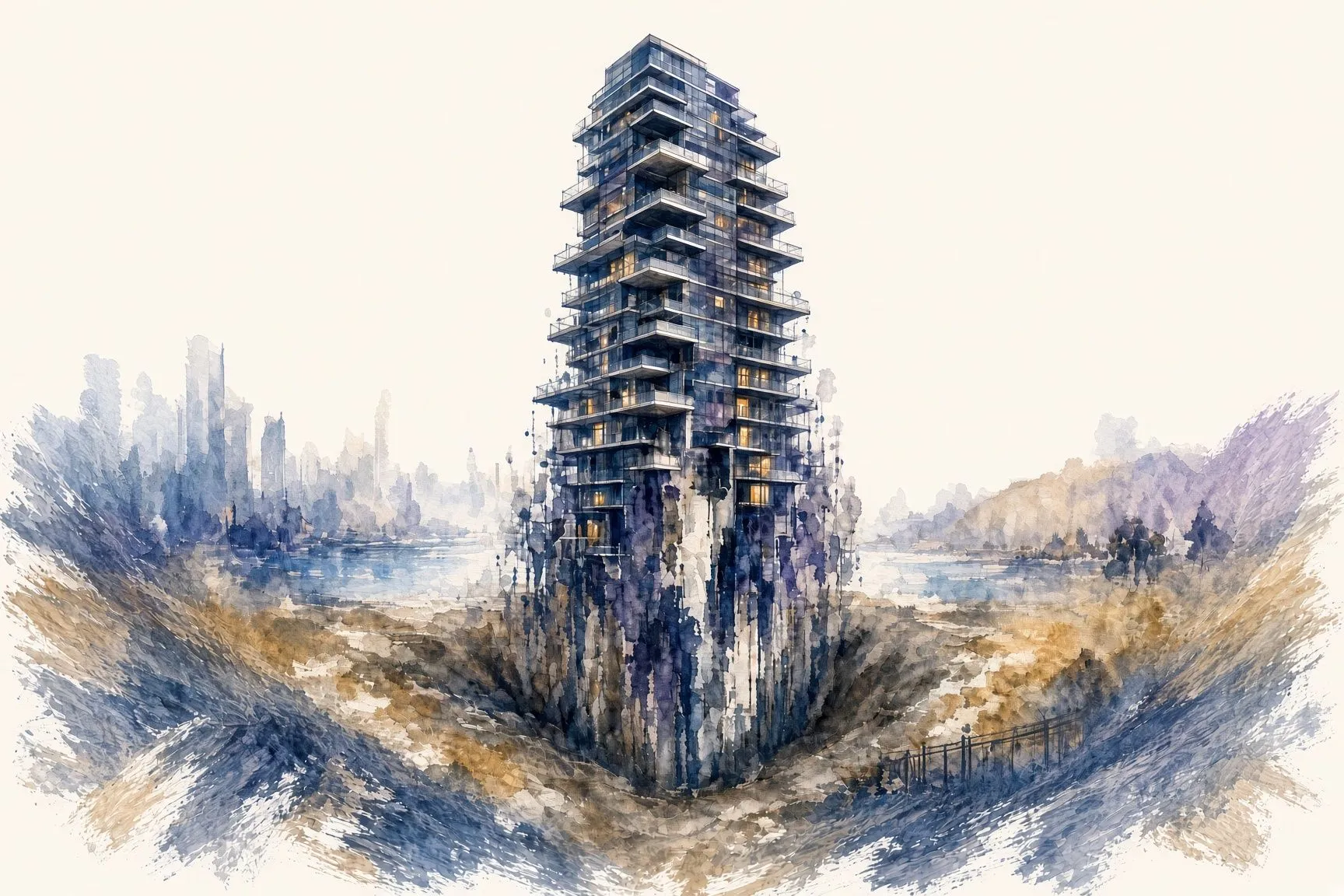 Watercolour of a tower rising alone from a golden and blue landscape, a distant skyline behind it