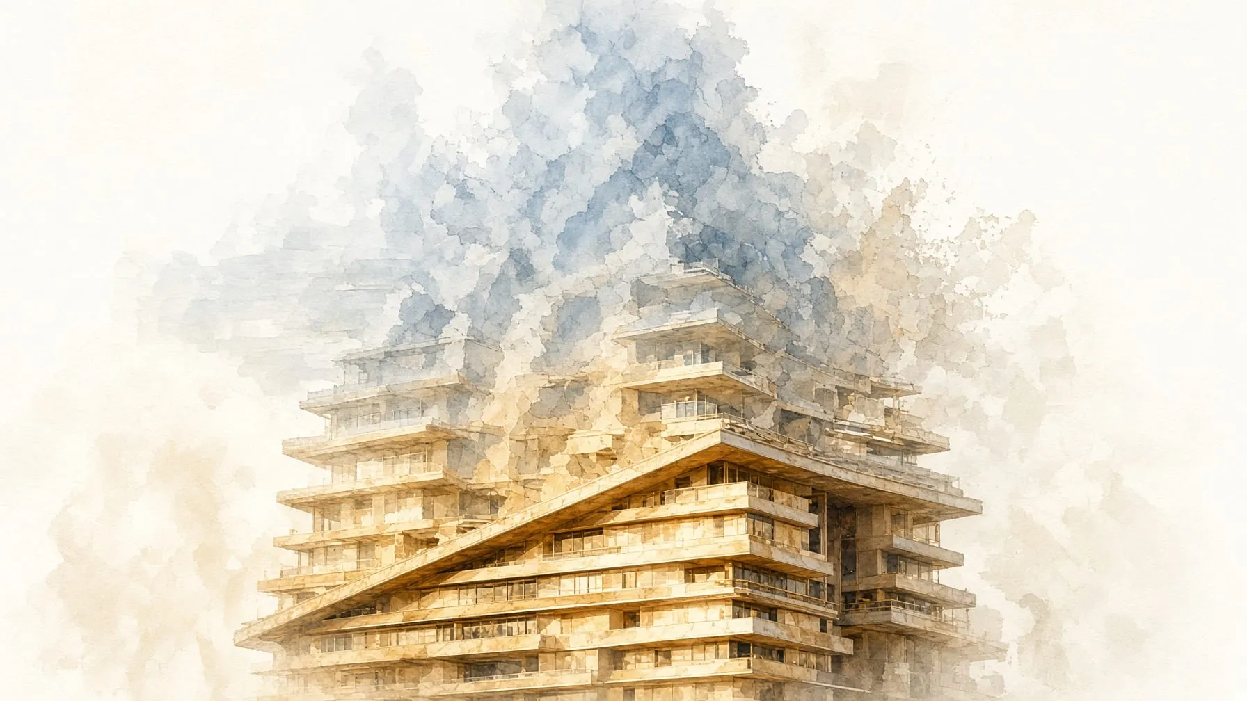 Watercolour of a terraced residential building in gold and blue