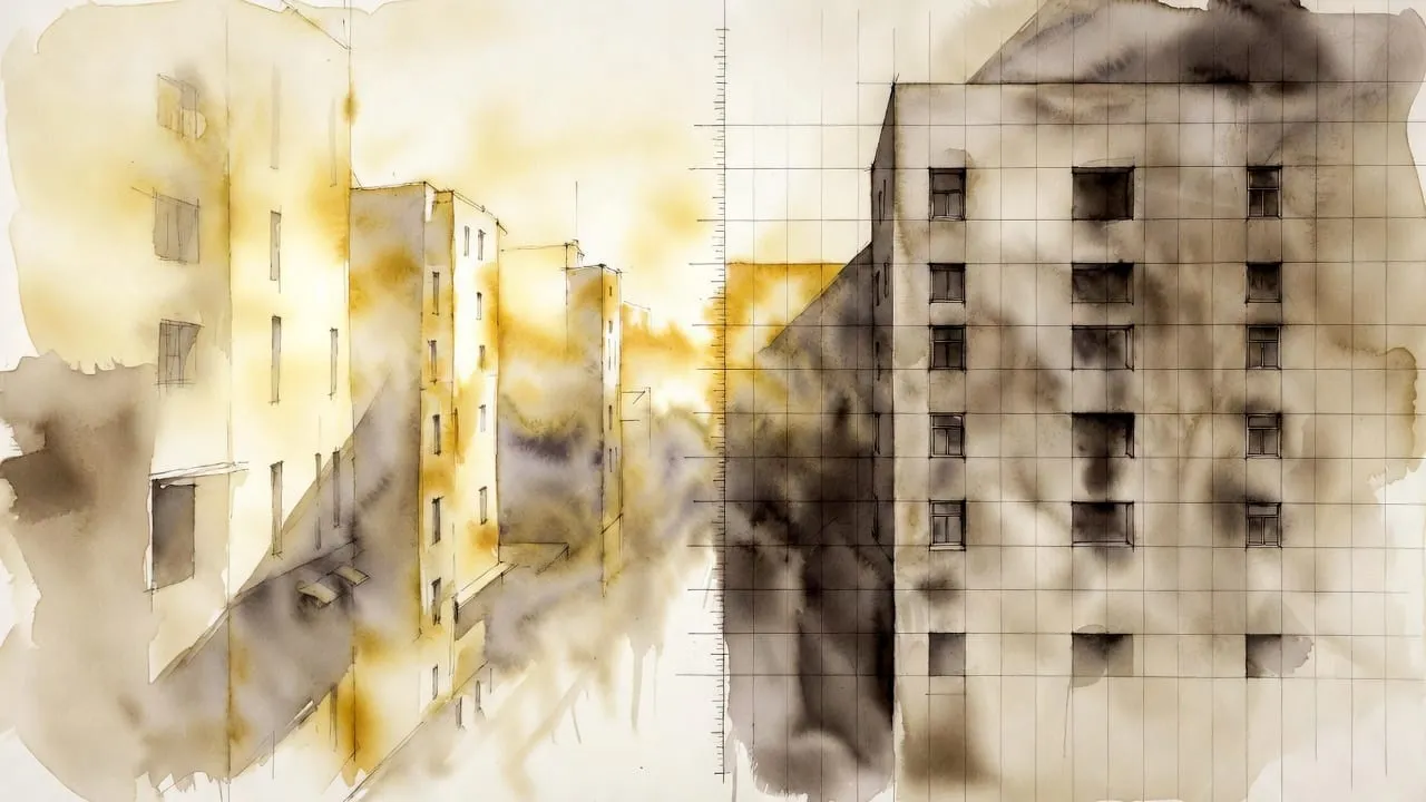 Watercolour of two building facades side by side, one painted and one a grid sketch