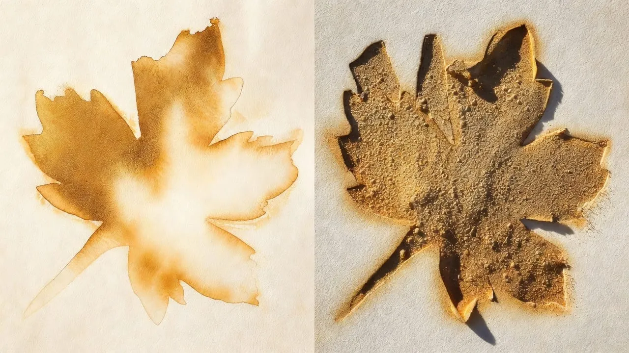 Watercolour of two maple leaves, one outlined in gold and one fully textured