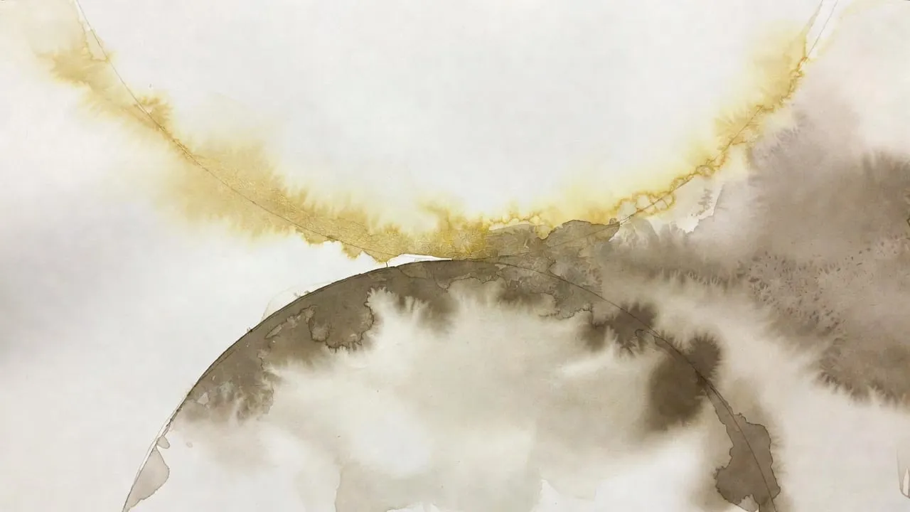 Watercolour of a golden ring of light above a dark grey sphere