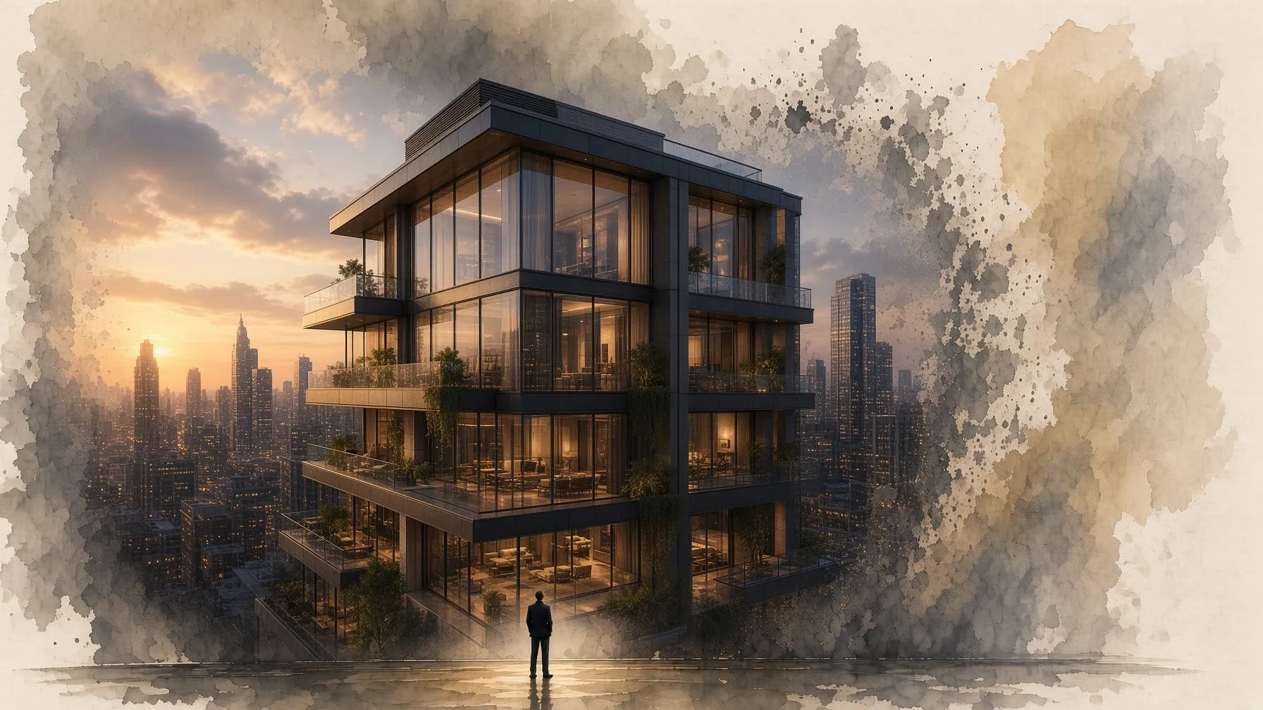Watercolour of a modern glass house at dusk, a figure standing before the city