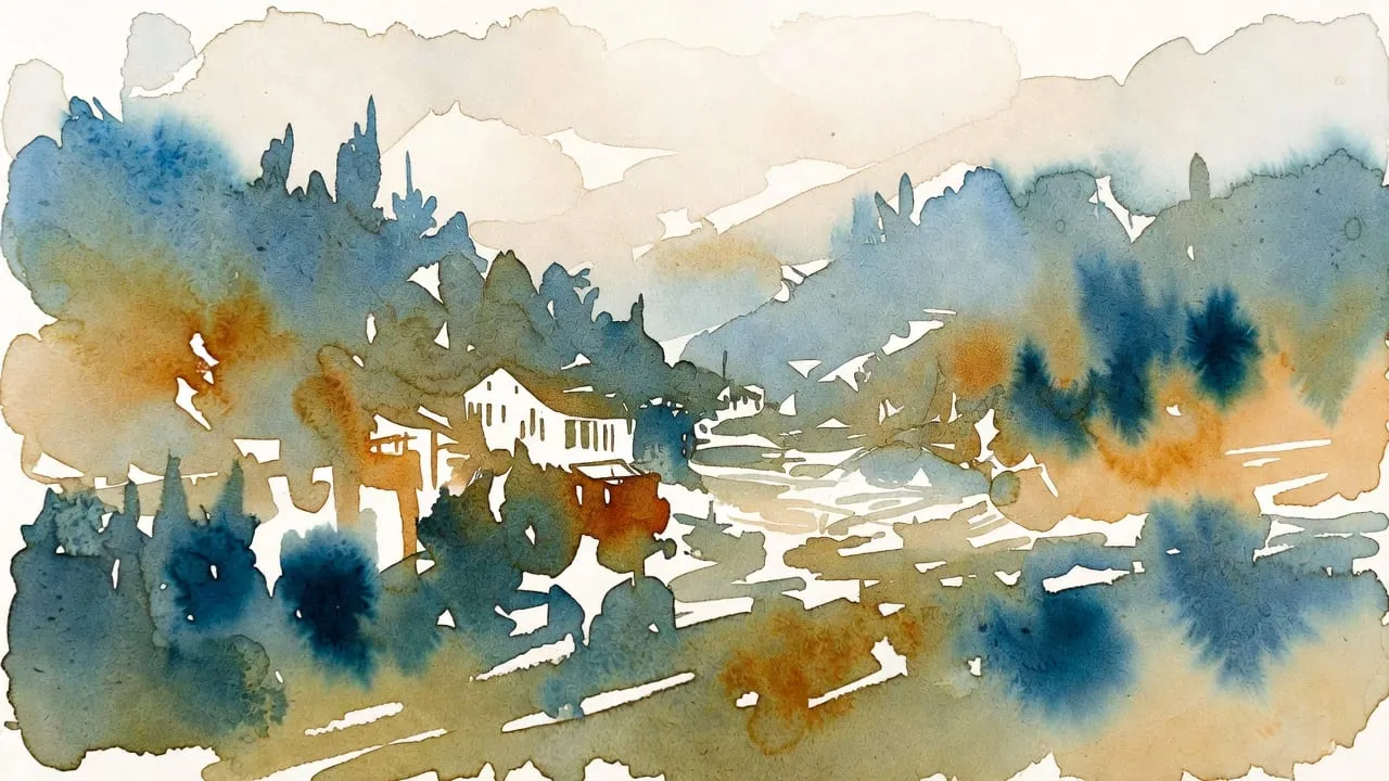 Watercolour landscape of forested hills with a small house in the valley
