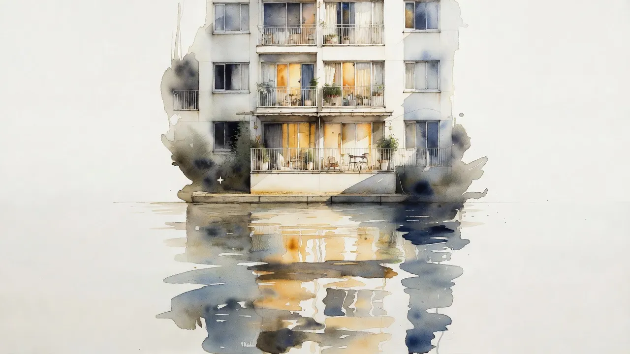 Watercolour of an apartment building with lit balconies, reflected in still water