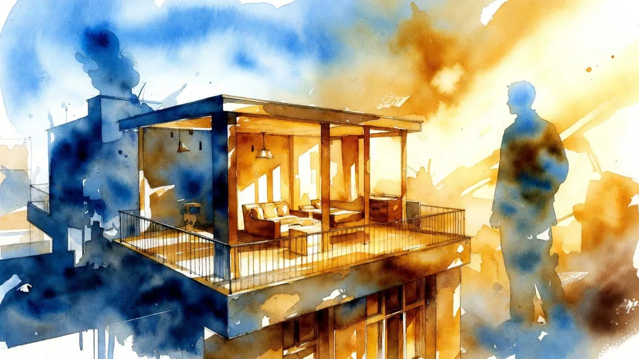 Watercolour of a lit balcony unit with a man's silhouette in blue beside it