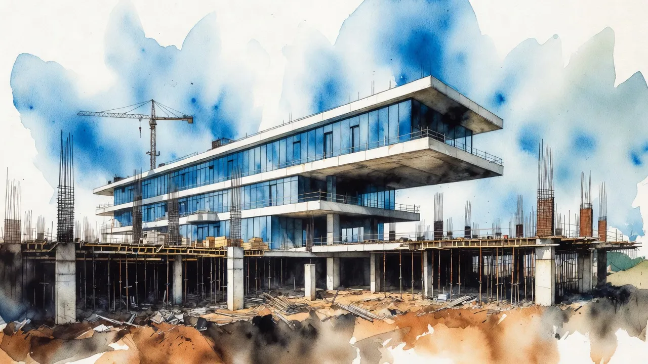 Watercolour of a glass residential building under construction, with a crane and exposed rebar