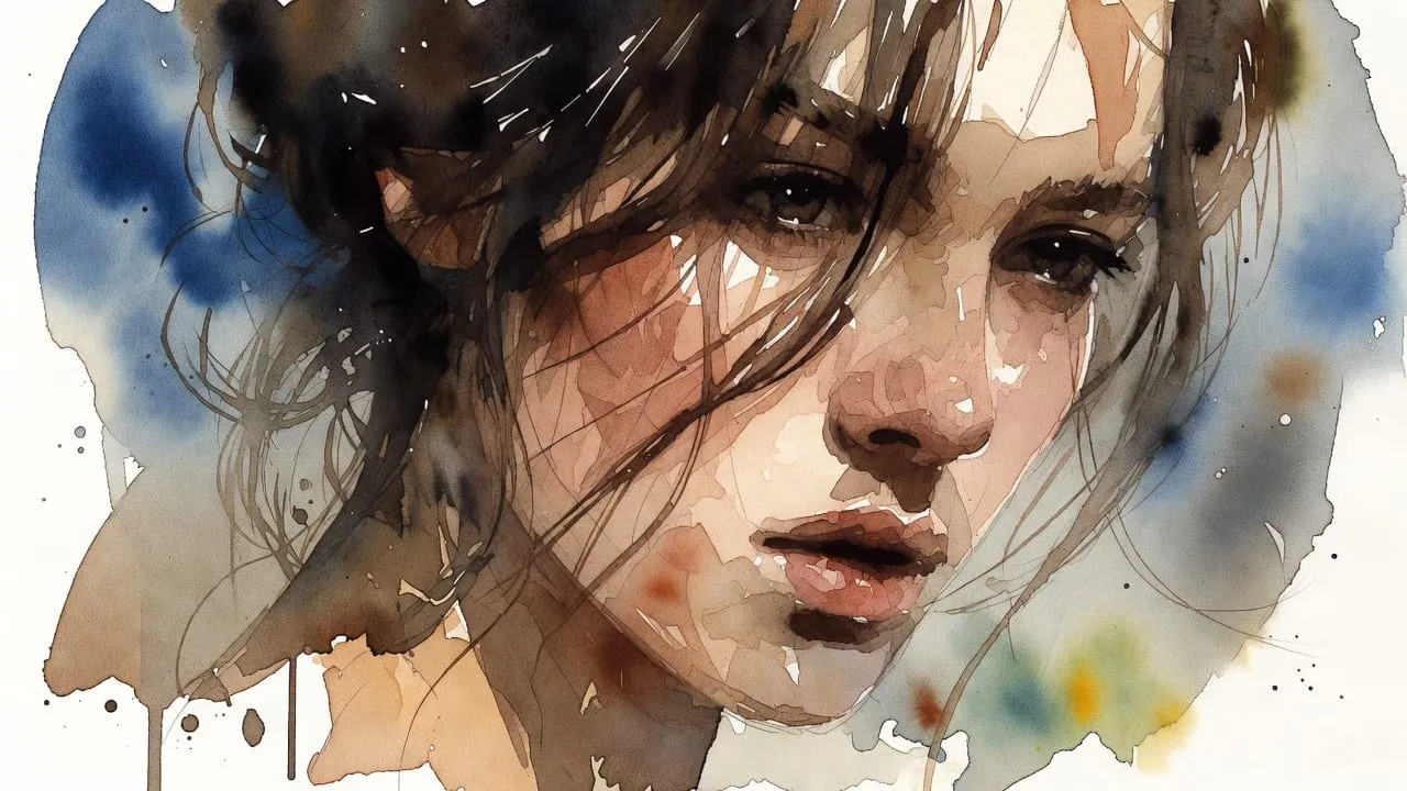 Watercolour portrait of a young woman's face in warm and blue tones