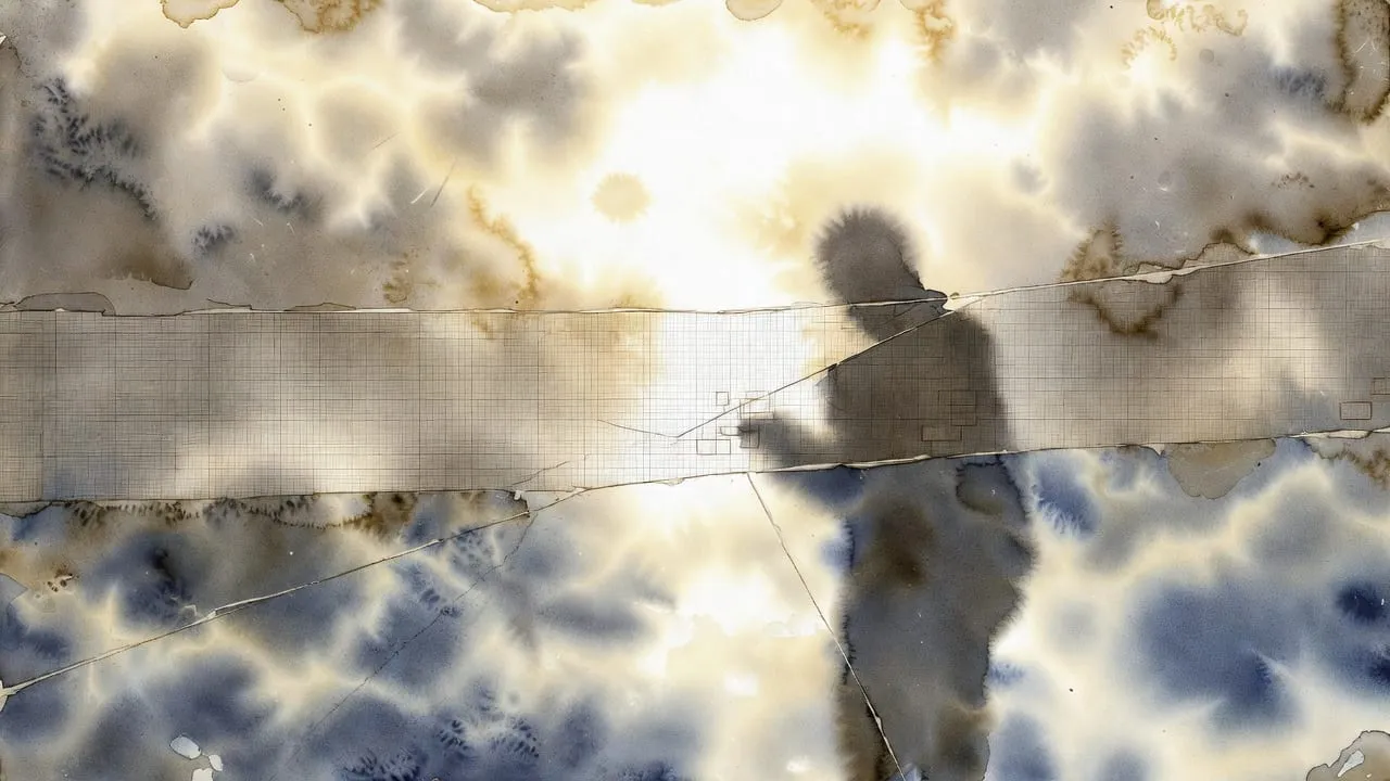Watercolour of a person's silhouette behind cracked glass, in blue and gold