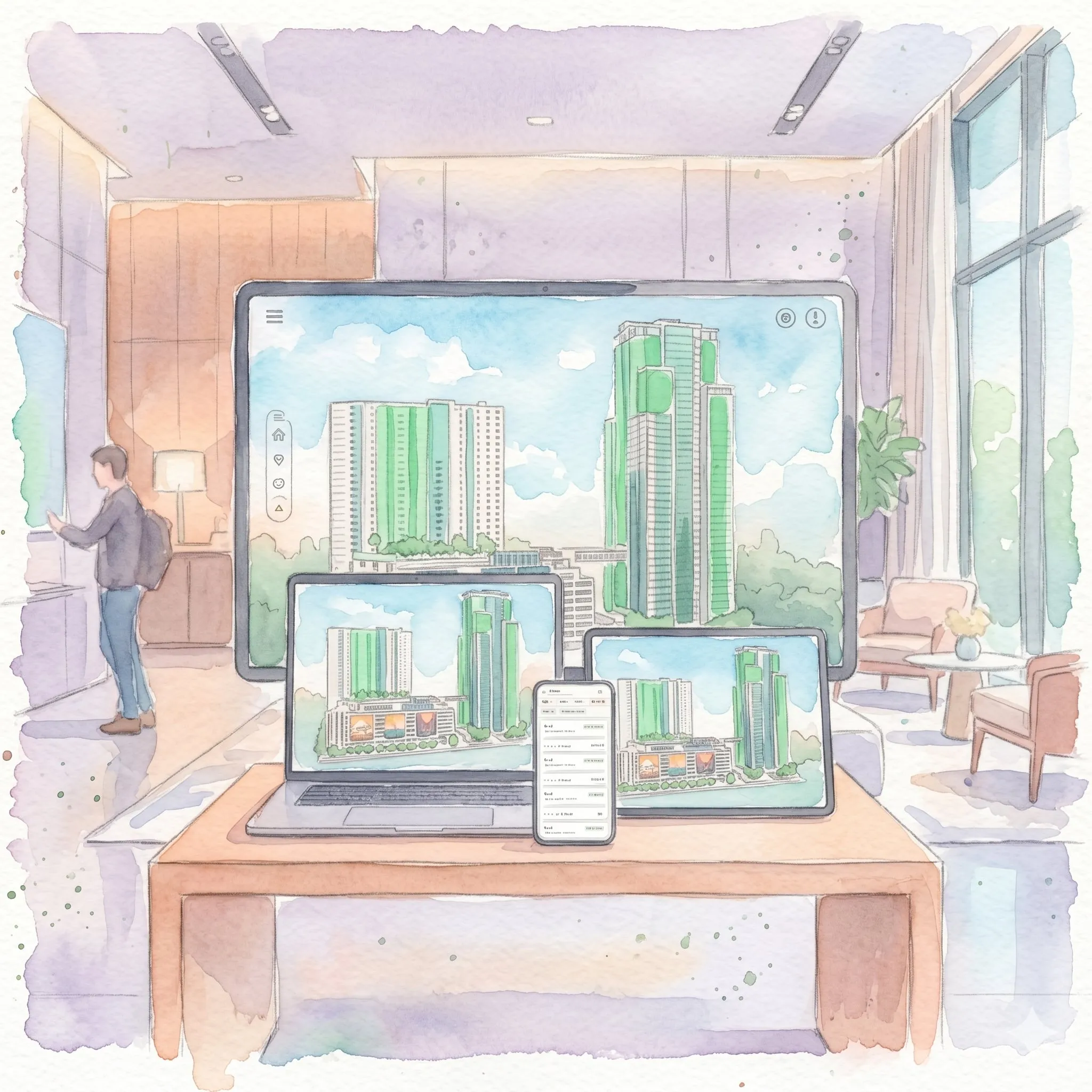 Watercolour sketch of the platform in a sales gallery