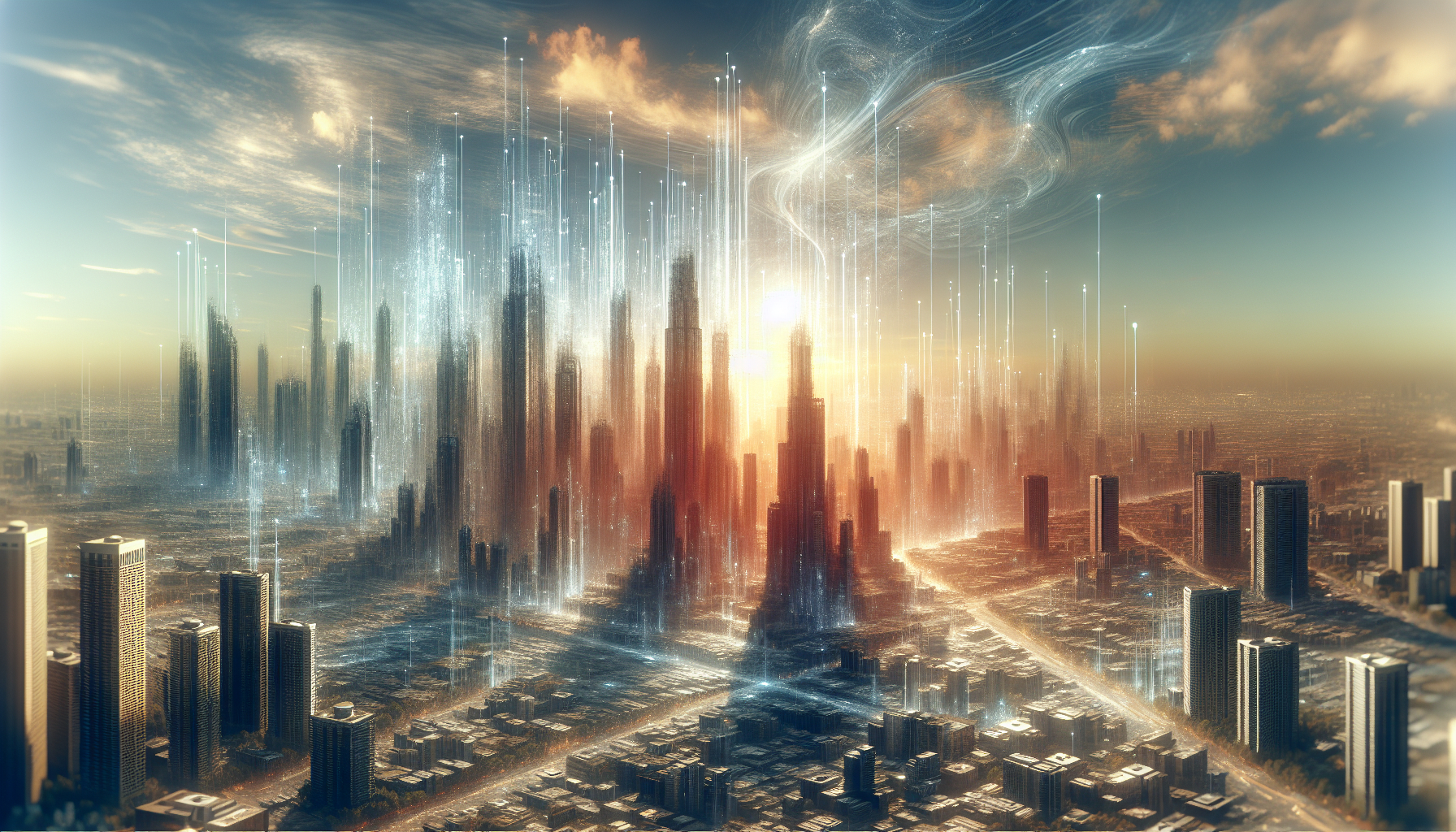 Digital code and city skyline merging, symbolizing PropTech fragility