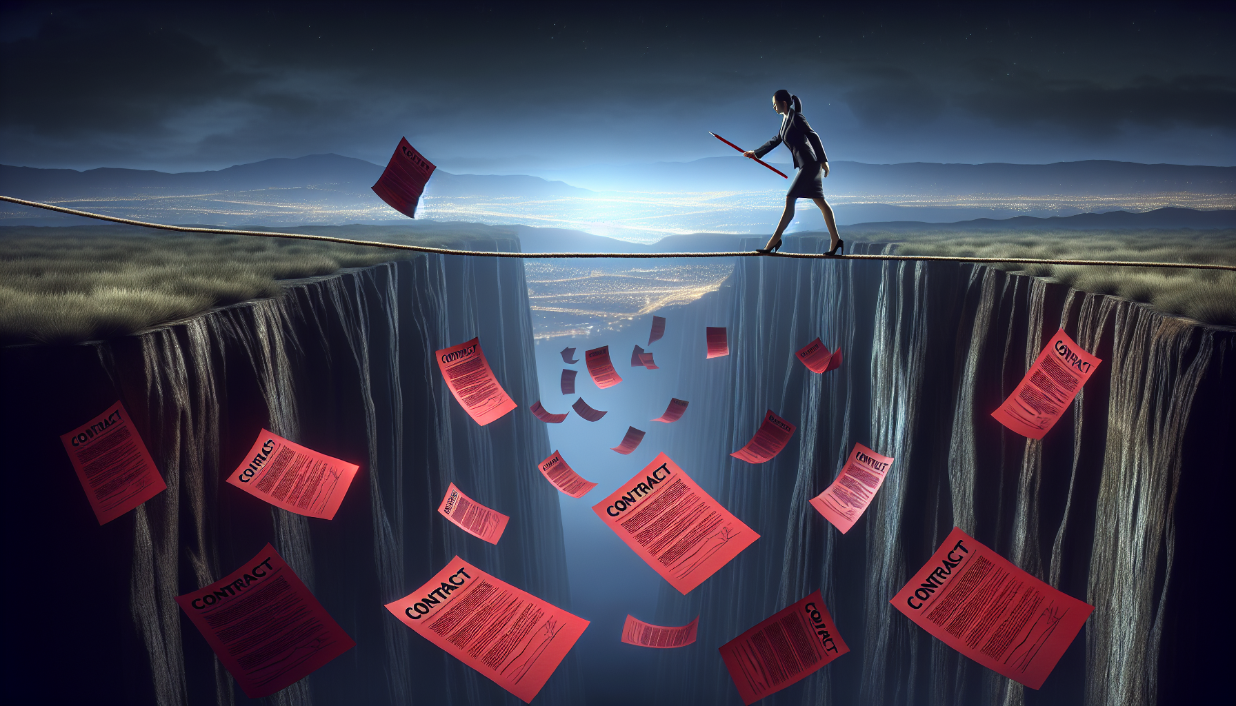 Real estate agent on tightrope, symbolizing precarious deals