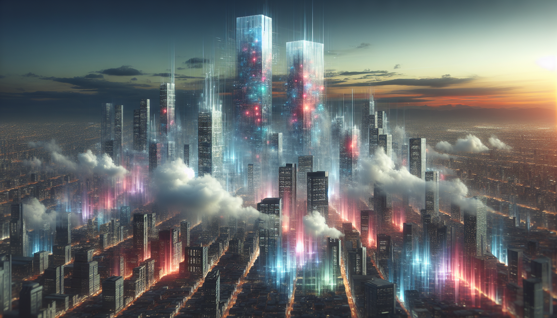 Futuristic transparent towers dissolving, symbolizing ephemeral tech