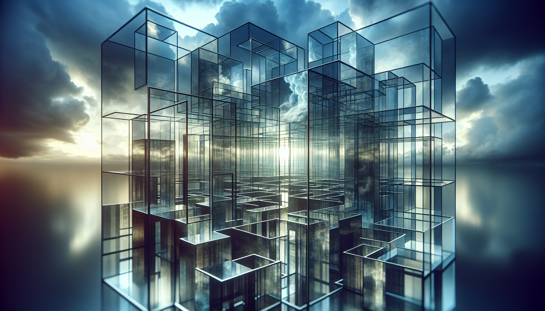 Reflective glass maze under stormy sky, symbolizing lost direction in PropTech