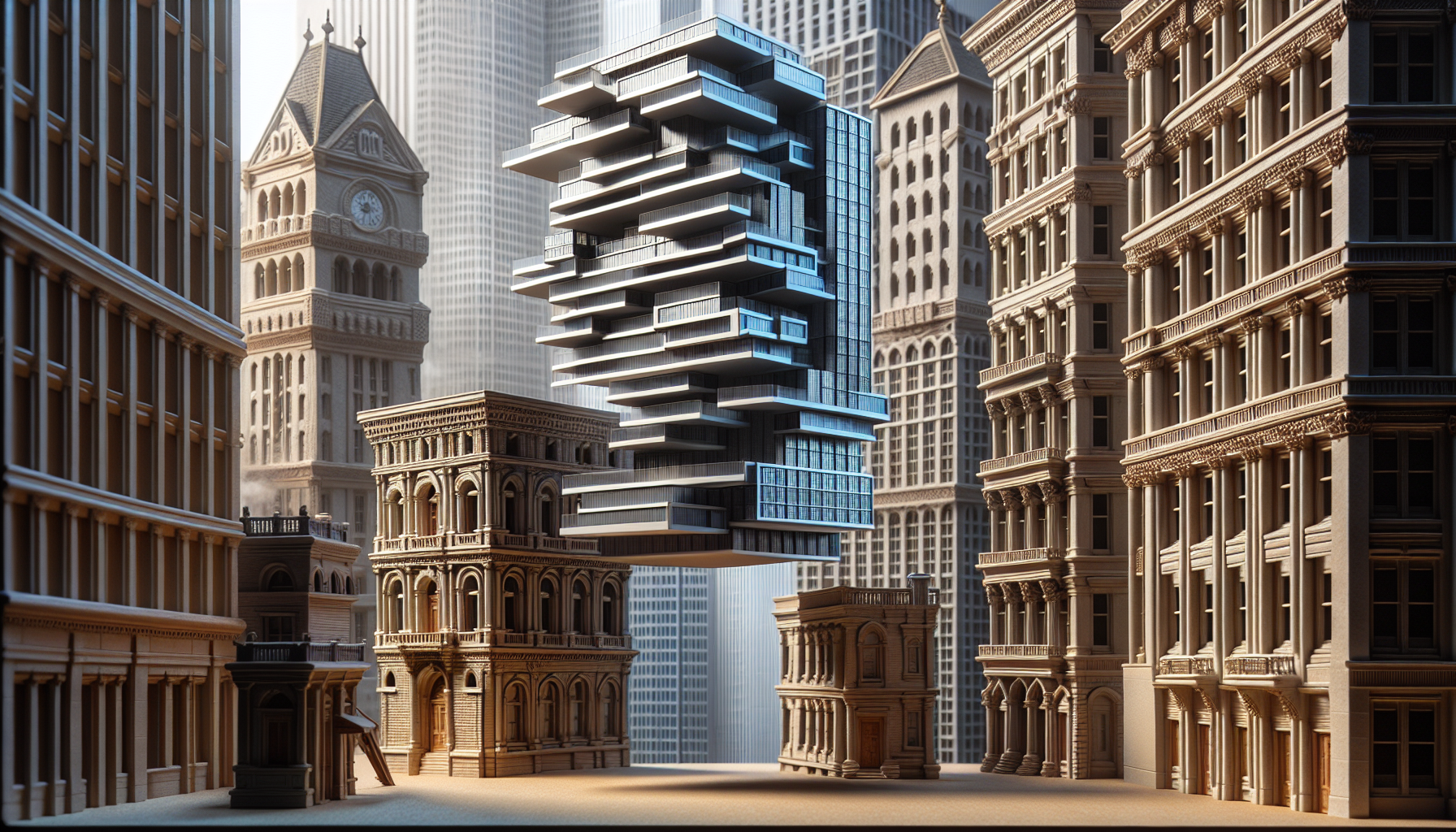 High-rise model symbolizing the delicate balance of innovation and tradition