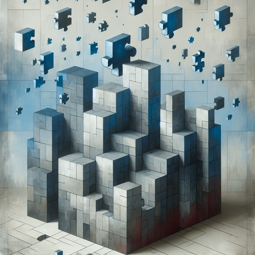 A surrealist architectural puzzle with floating pieces in muted blues and grays, representing complex problem-solving in real estate.