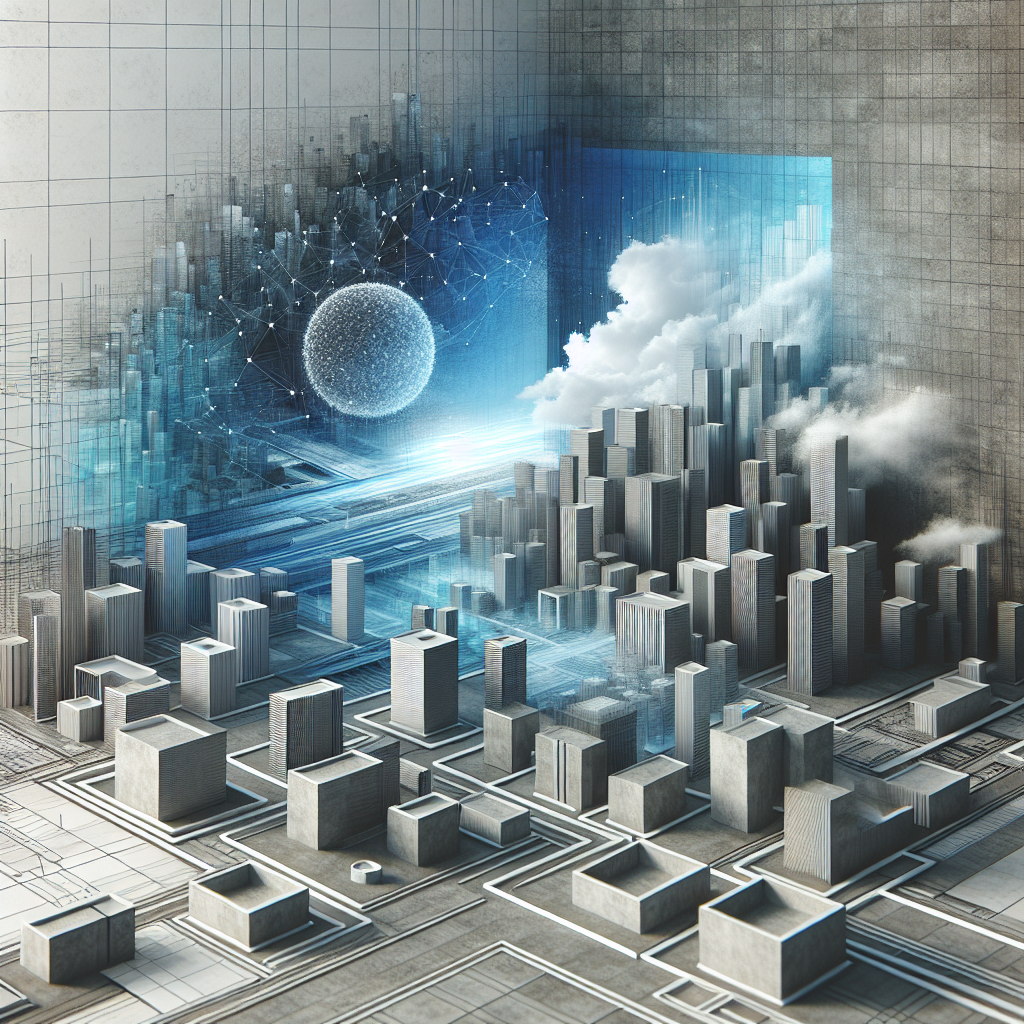 Surrealist minimalist architecture illustrating virtual real estate transactions with muted blues and grays.