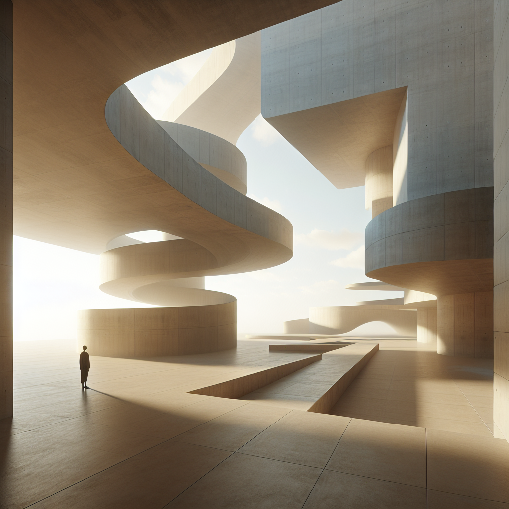 A minimalist architectural space with vast, dreamlike voids and a small human figure, evoking curiosity and contemplation.