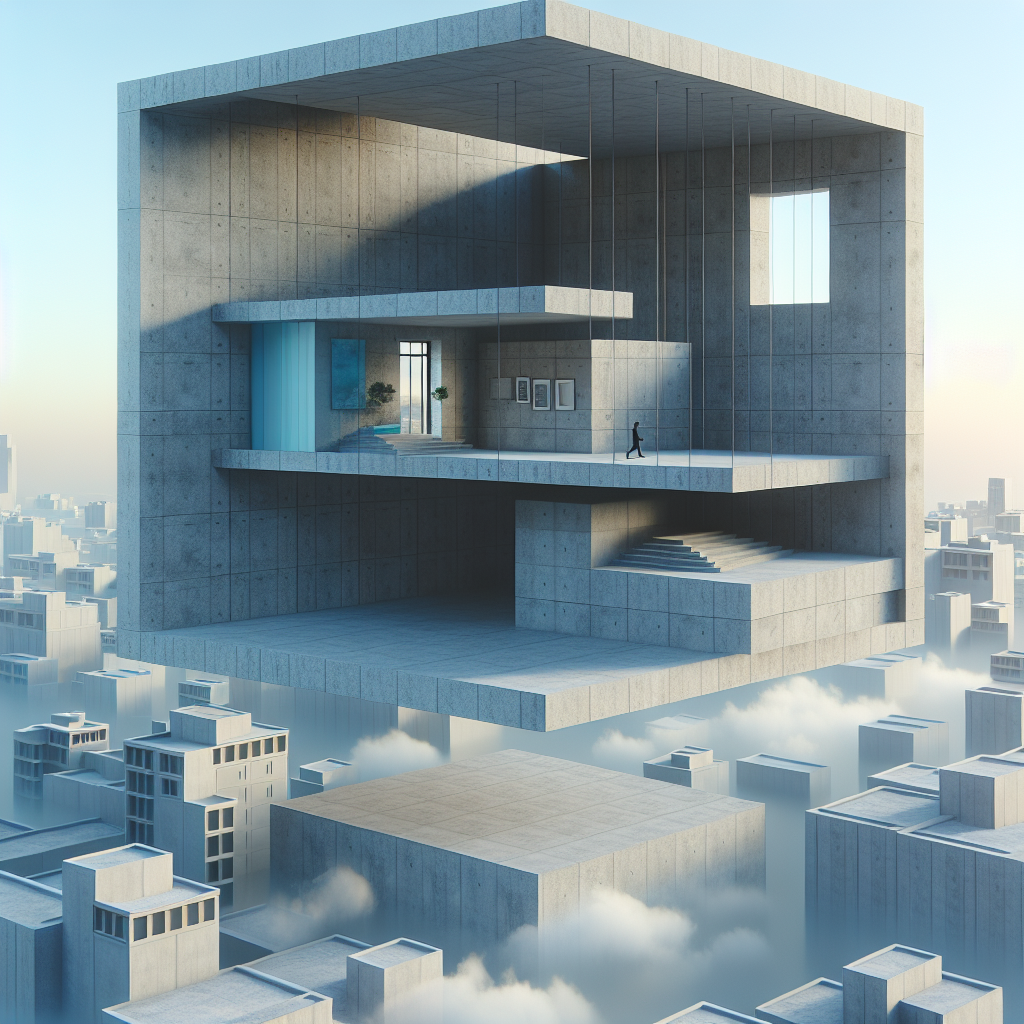 Surrealist minimalist illustration of a floor plan transforming into a 3D room with muted blues and grays.