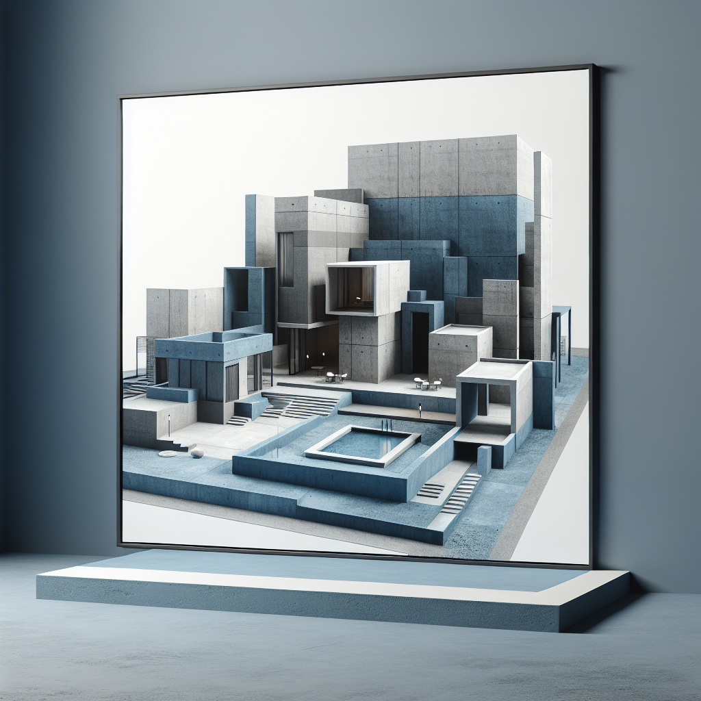 A minimalist, surrealist depiction of a virtual real estate tour with muted blues and grays, showcasing architectural elements in a fluid, cohesive style.
