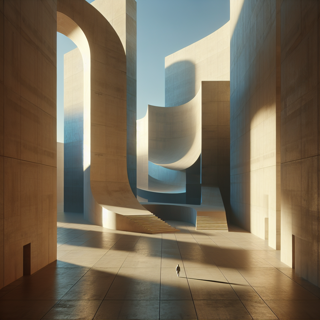 Surreal minimalist architecture with curves and slabs in warm tones, a small human figure exploring the space, evoking curiosity.