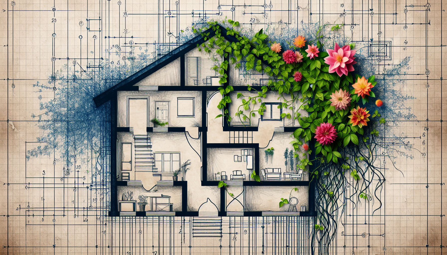House blueprint with blooming vines and flowers