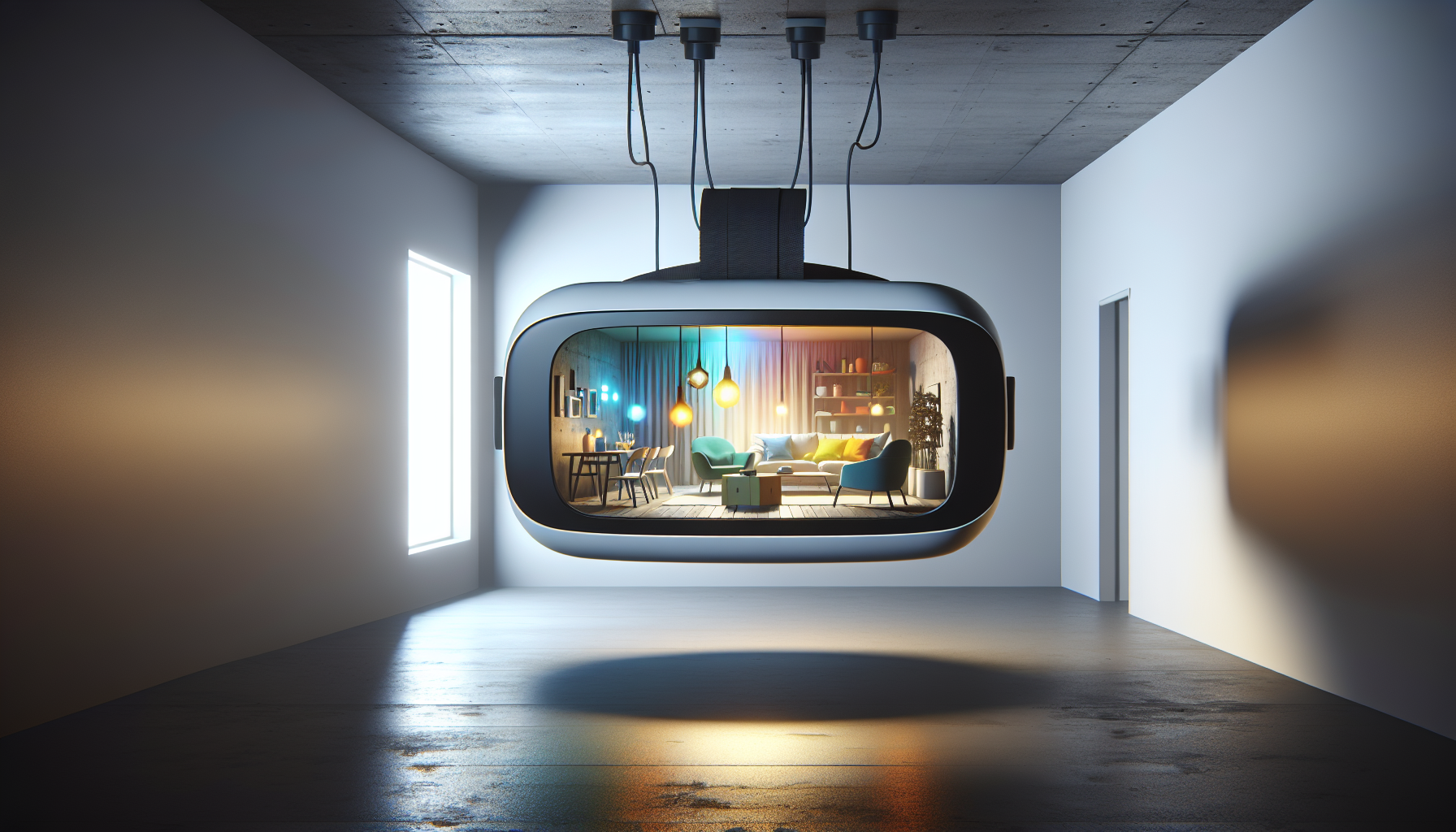 VR headset projecting home in a blank room