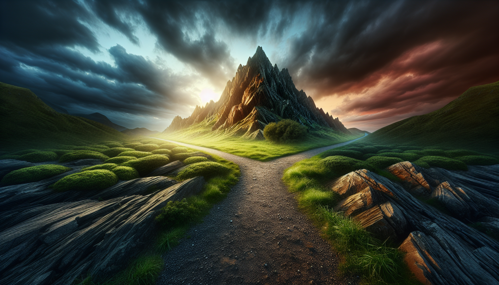 A surreal landscape of a crossroads symbolizing second guesses in real estate deals