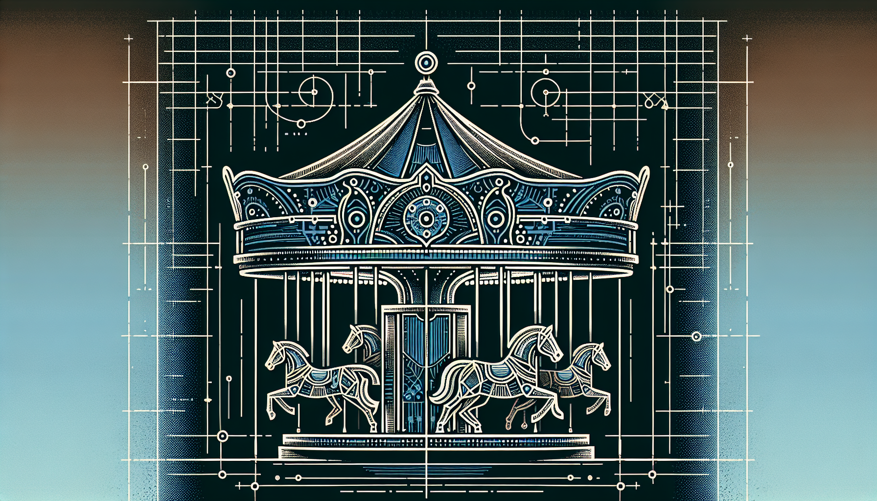 Abstract carousel with blueprint horses symbolizing indecision