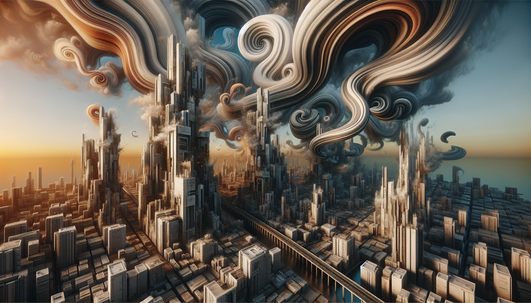 Surreal cityscape under swirling clouds symbolizing future uncertainty