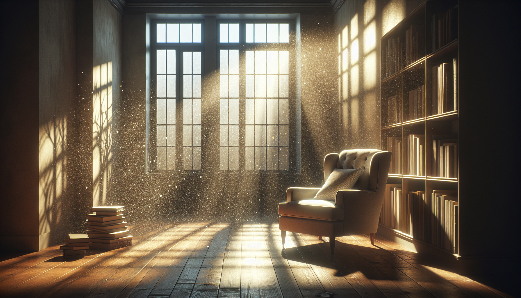 A cozy nook flooded with sunlight and dust particles