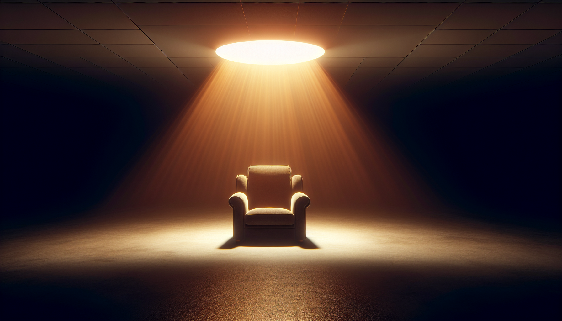 Spacious room with a single armchair under warm light