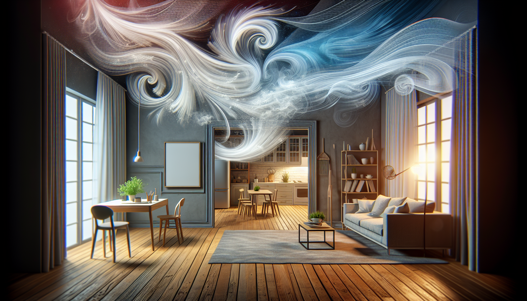 Ethereal air flow swirling through a home